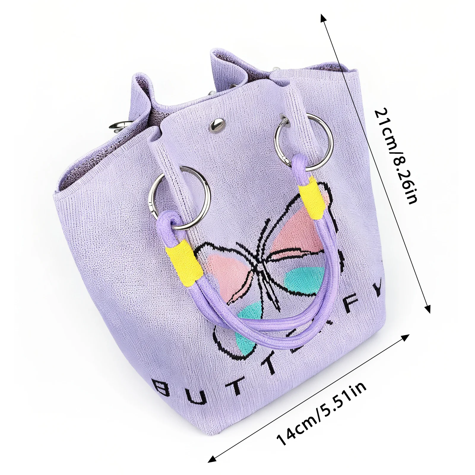 حقيبة يد محبوكة باللون الأرجواني اللطيف مع تصميم فراشة، حقيبة كتف ذات سعة كبيرة، حقيبة أزياء جمالية للنساء والفتيات