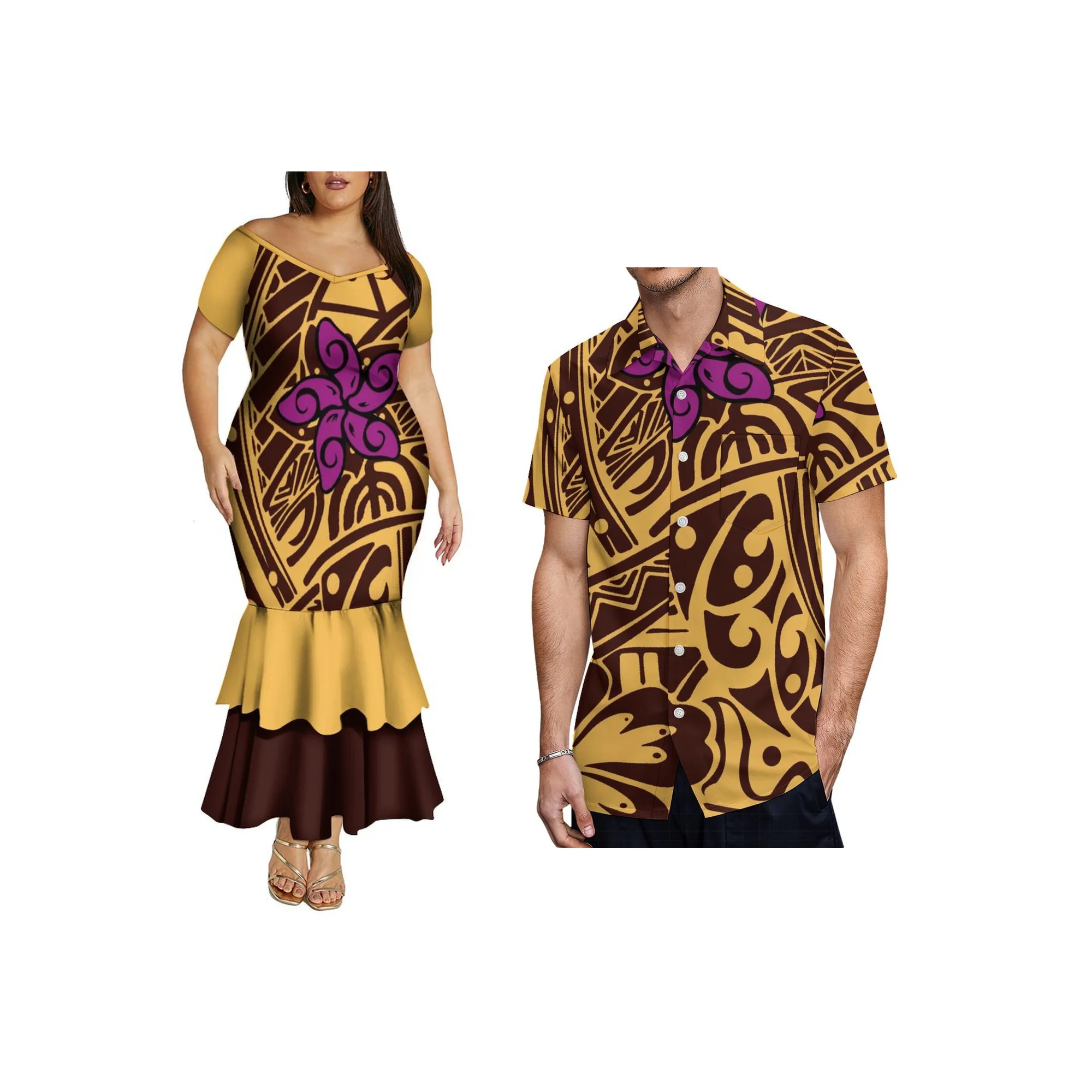 Preço de atacado personalizado plus size roupas de casal samoan puletasi vestido feminino o-pescoço vestido de baile combinando camisa de manga curta masculina