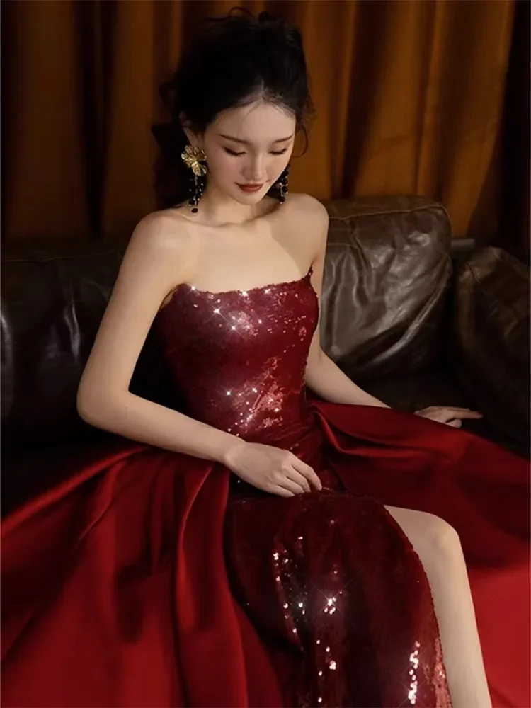 Modern Sexy Tube Top Long A-line High Split Evening Dress Wine Red Chinese Traditional Sparkly Sequins Toast Clothing