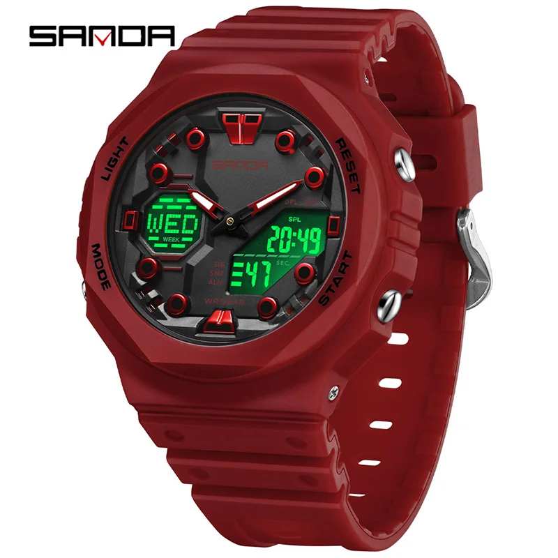 SANDA 6200 Men Quartz Watch Sport Fashion Unique Alarm Clock Waterproof Cool Dual Display Wristwatch for Student