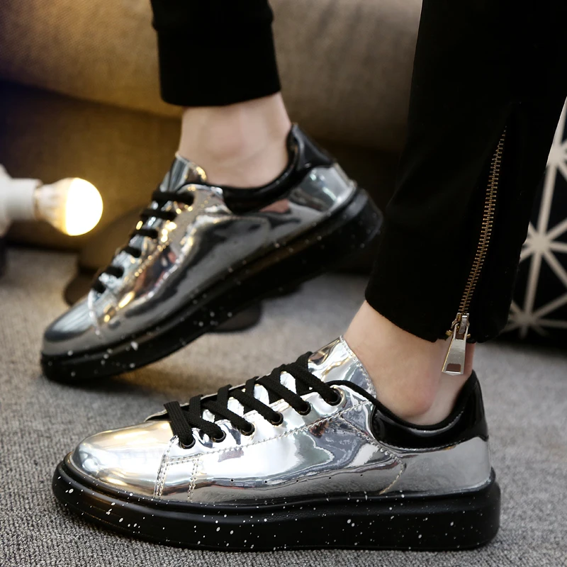 Fashion Silver Men\'s Mirror Shoes Punk Casual Shoes Men Light Leather Flat Sneakers Streetwear Sneakers Men Rock Hip Hop Shoes