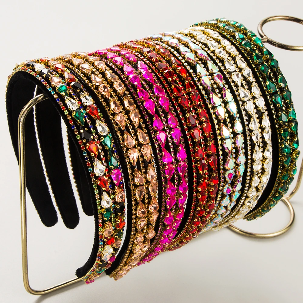 New Water Droplet Glass Drill Full Drill Bit Hoop Vintage Fashion Versatile Velvet Fabric High Quality and Elegant Headband