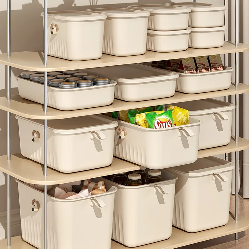 Assorted storage boxes, cream-colored plastic with lids, desktop organizers, storage containers, household toy storage baskets