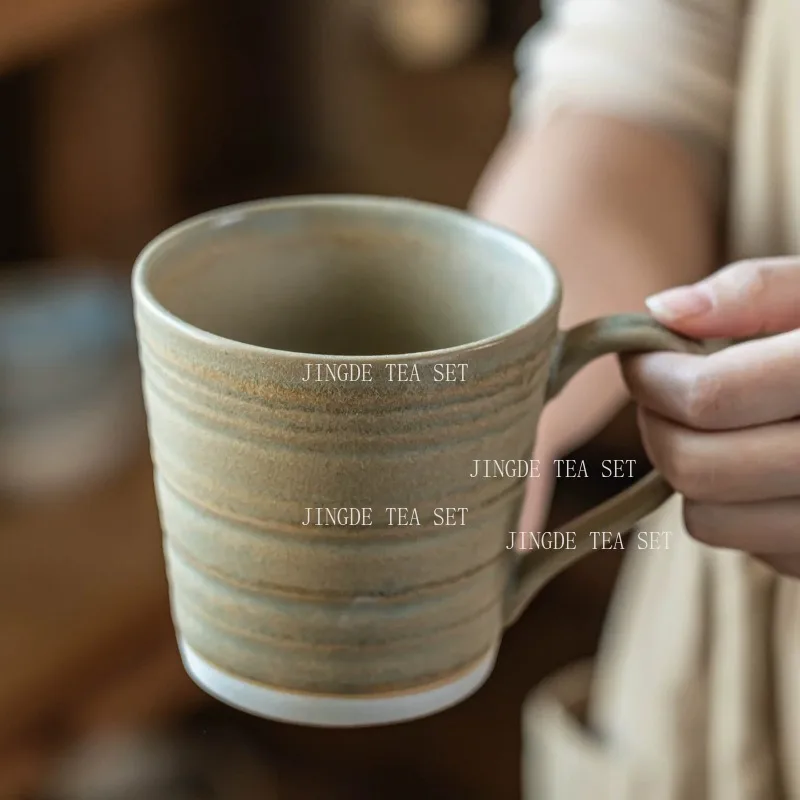 Wabi Sabi Style Rustic Ceramic Mug with Ribbed Texture and Natural Jute Handle Large Capacity Coffee Tea Cup for Home and Office