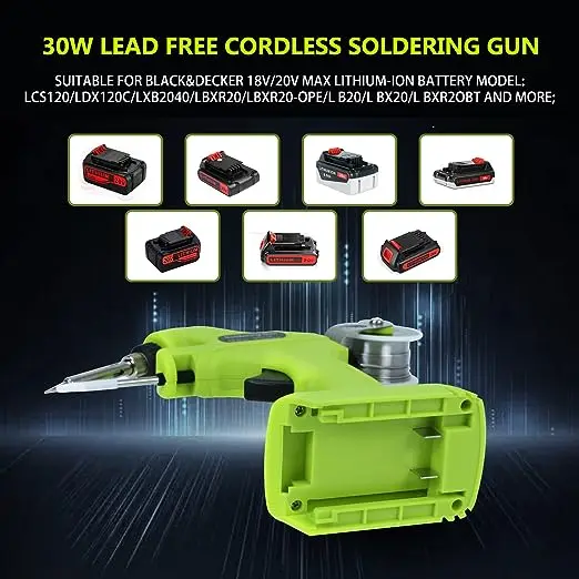 Ferro de solda sem fio com bateria Li-ion, pistola de solda, apto para Black & Decker, Makita Bosch, Dewalt, Milwaukee, 18V, 20V Max, 30W