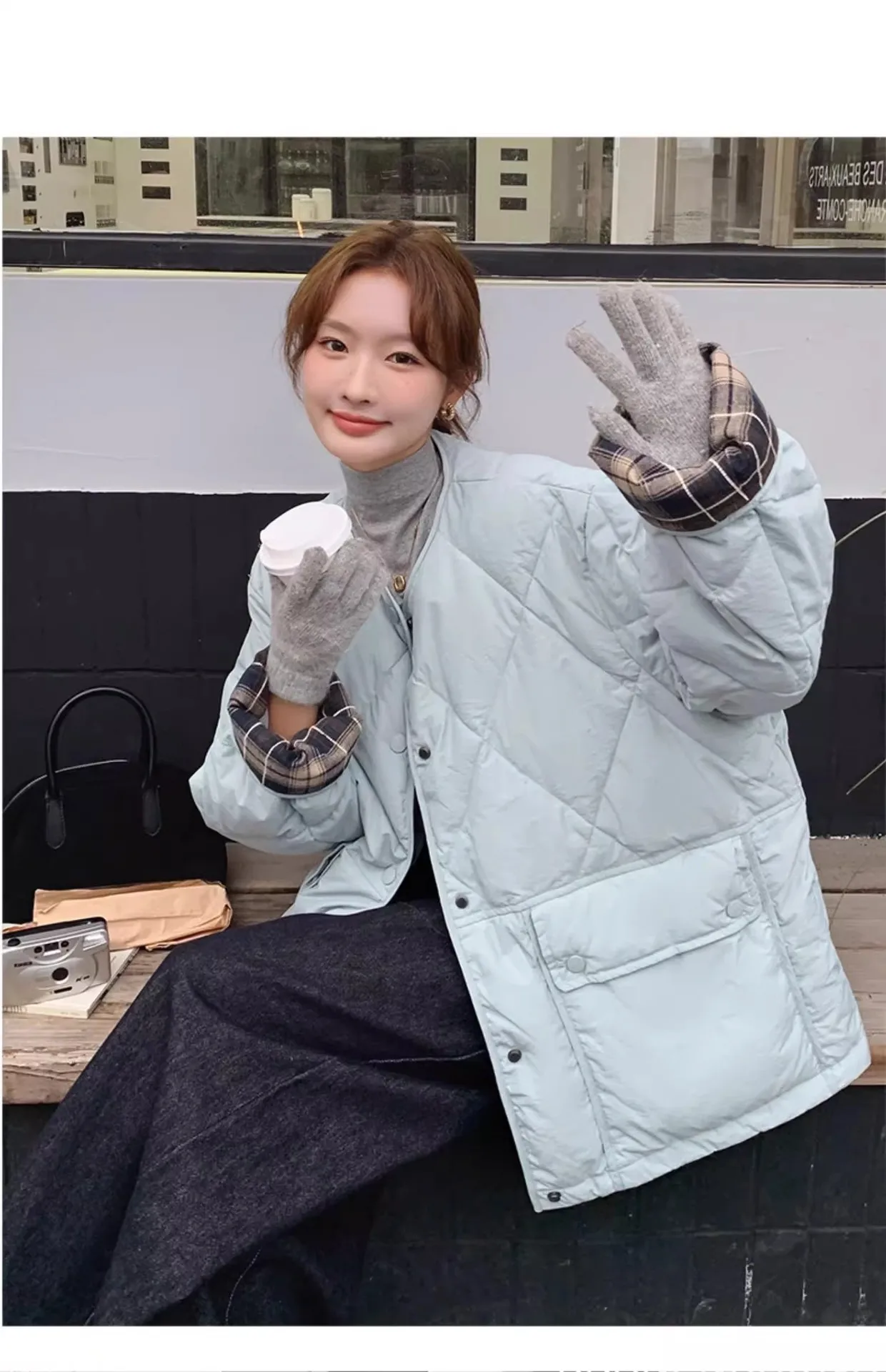 Retro Plaid Patchwork Lightweight Puffer Jacket Autumn Winter Loose Casual Quilted Jacket Female Round Neck Commute Padded Coats