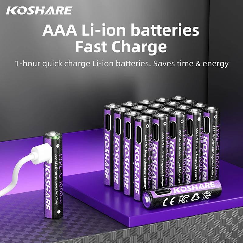 KOSHARE 2/24pcs Rechargeable Batteries AAA AA 1000mWh 4255mWh Lithium Battery With Type-C Port Fast Charge For Alarm Clocks Toys