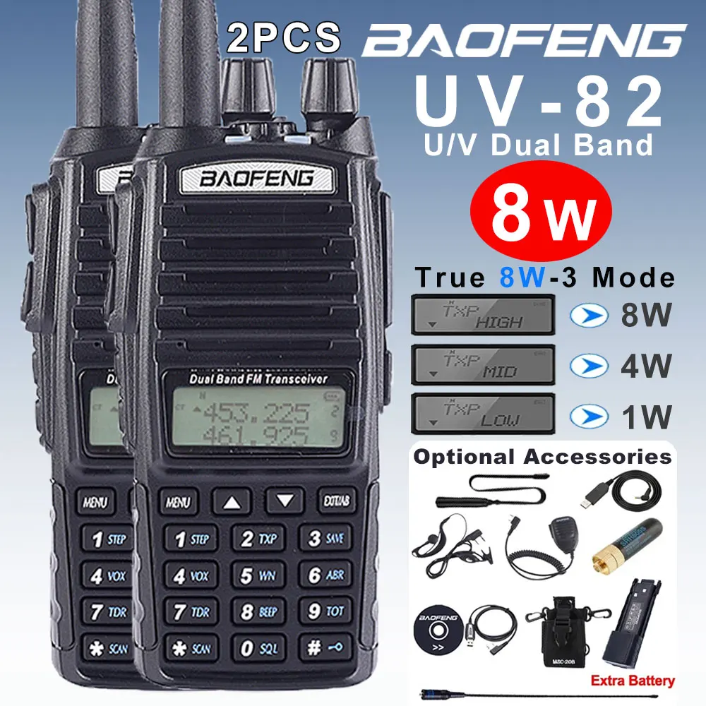 2PCS Real 8W BAOFENG UV-82 Profesional Walkie Talkie Comunicador Dual PTT Long Range 2 Way Portable FM Amateur Radio Station