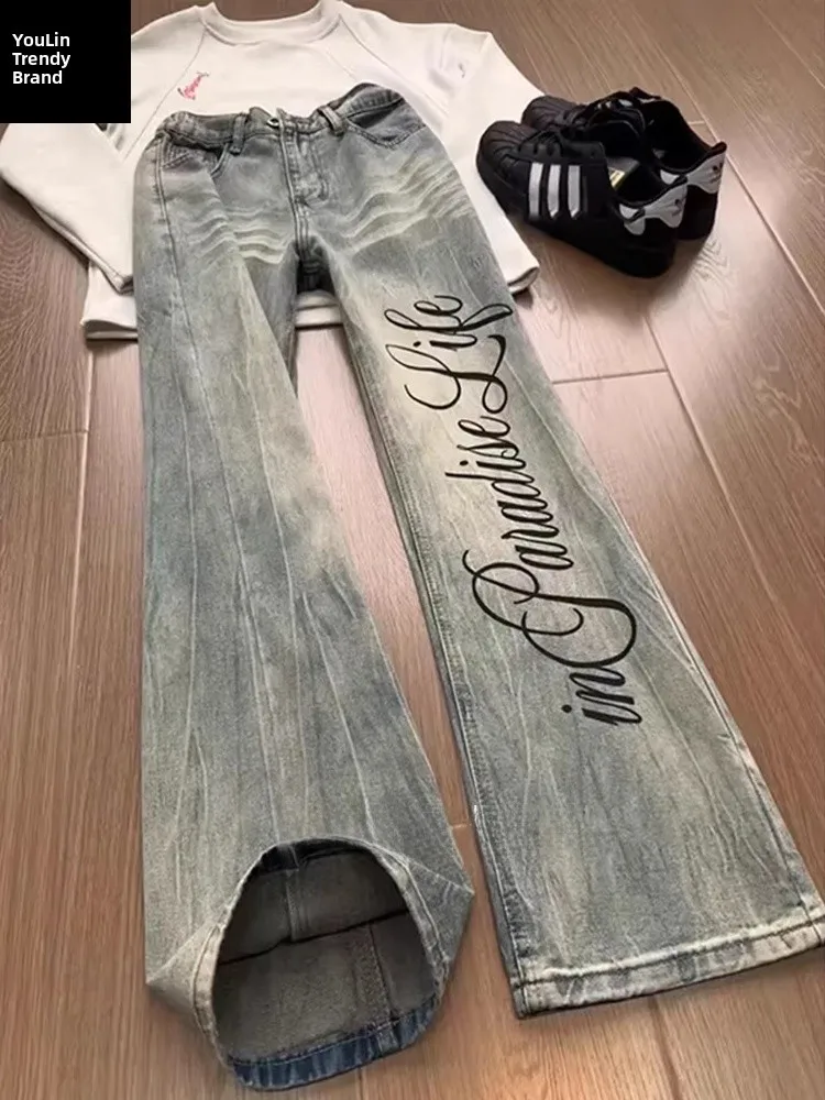 

Мужские джинсы с высокой талией, зауженные, с принтом в виде букв и молнии, модная уличная одежда, осень-зима, смесь хлопка и полиэстера