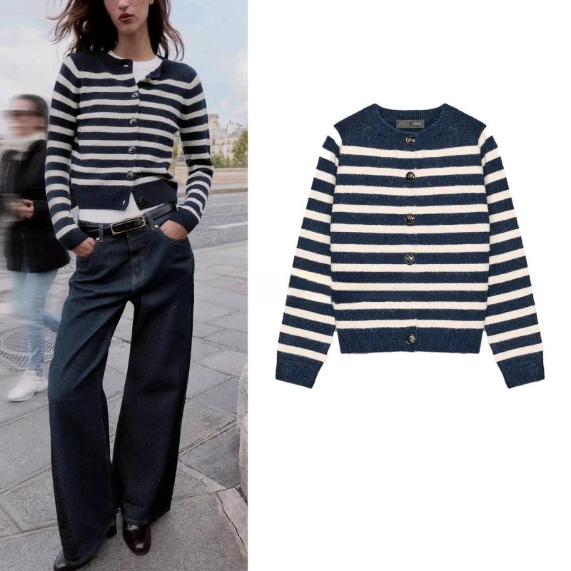 

Новый зимний женский вязаный кардиган с длинными рукавами и круглым вырезом, в полоску, повседневный, из полиэфирного волокна, с открытым передом, 275650