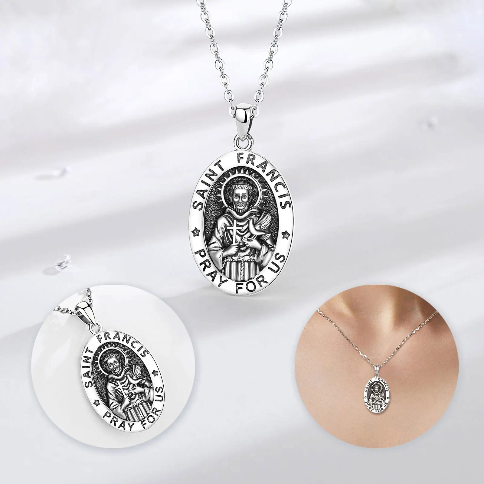 Eudora New 925 Sterling Silver Saint Francis Necklace Cross Raven Pendant Catholic Believers Vintage Jewelry Personality Gifts