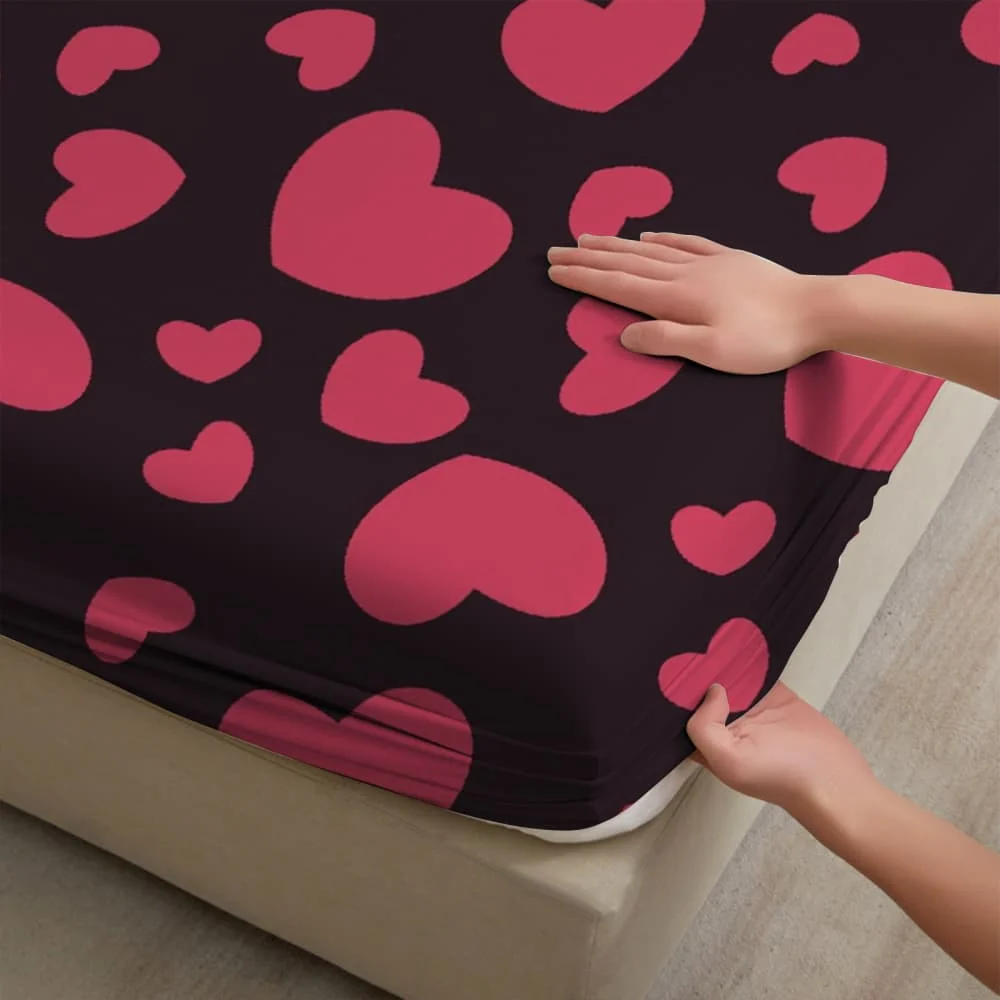 1pc Red Heart Print Fitted Sheet Deep Pocket Elastic Mattress Cover Single Double Queen King Bedroom Decor