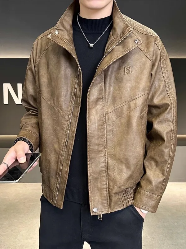 

High-End Men's Leather Jaet Motorcycle Sle Spring Autumn 2025 New American Retro Large Size Trendy Clothes Premium Feel