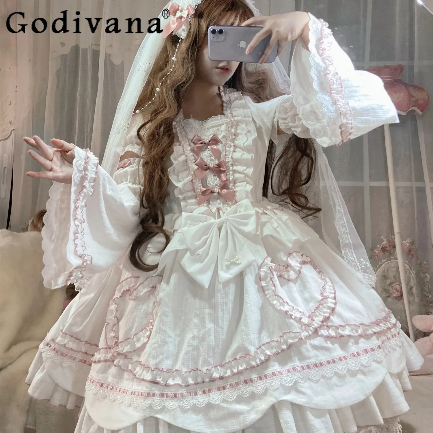 

Lady Sweet Wedding Party Lolita Dress Victorian Women Vintage Bow Ruffles Flowers Kawaii Princess Dresses Elegant White Dresses