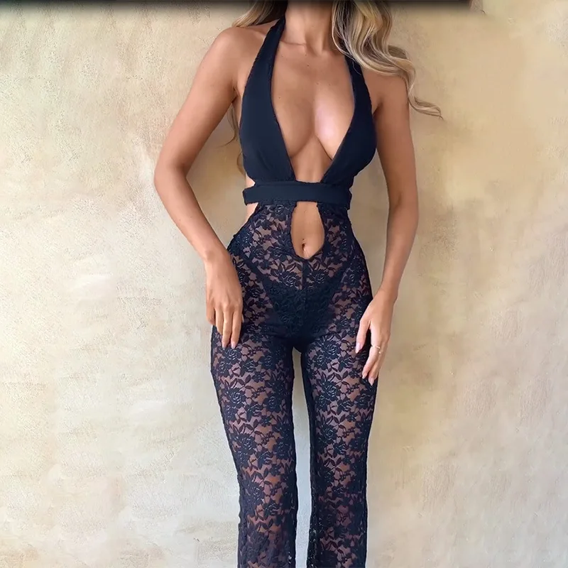 Halter Neck Sexy Chest Hollow Lace See-Through Lace Jumpsuit 2023 Autumn New Elegant Sexy Party Club Clothes