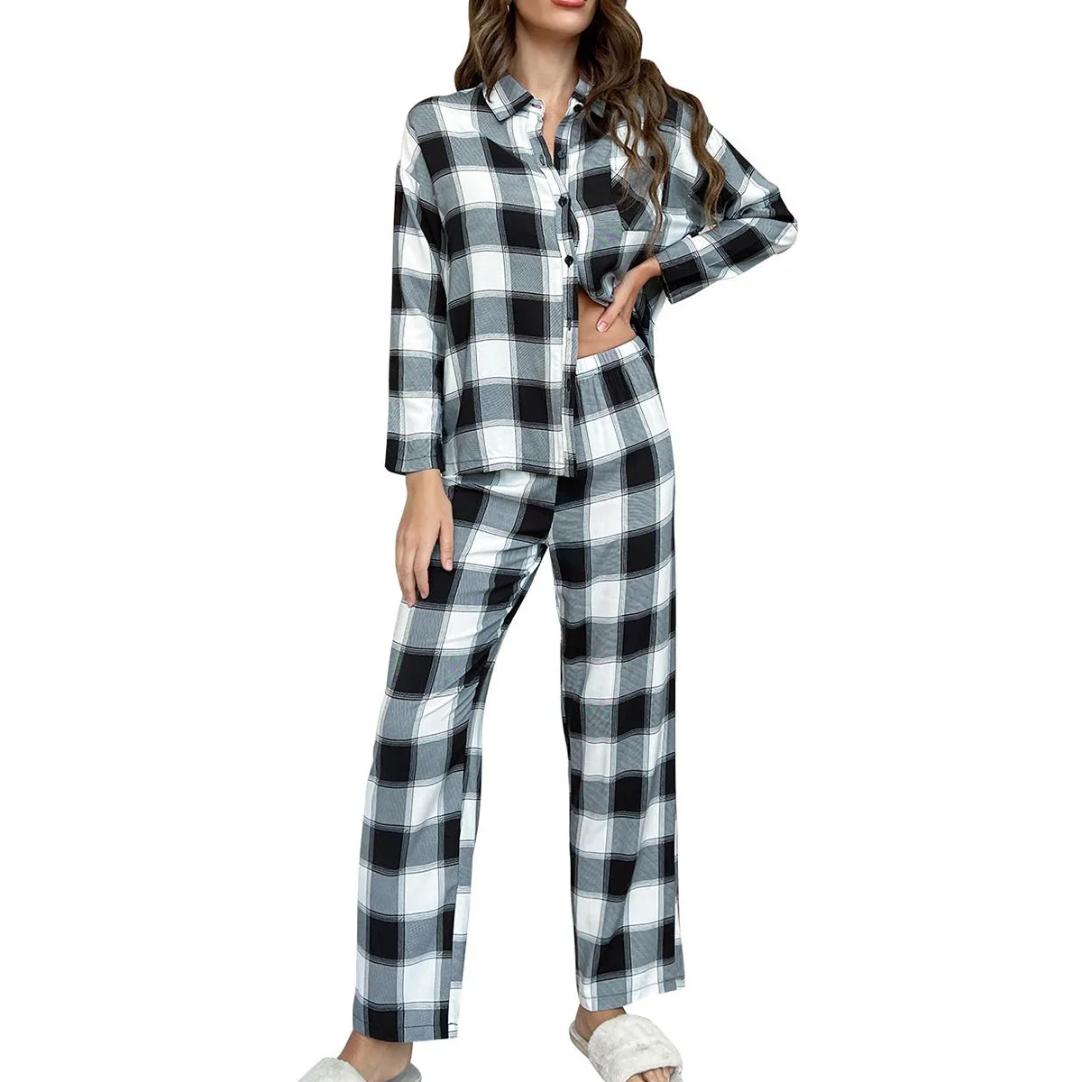 

Pajamas, Women's Autumn And Winter Casual Sleeved Shirt, Long Pants, Two-Piece Home Suit