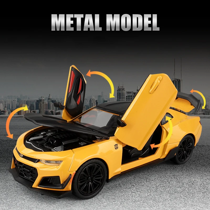 1:24 Chevrolet Camaro Bumblebee Alloy Miniature Car Diecast Metal Scale Model Vehicles Sound＆Light Collection Children Toy Gifts