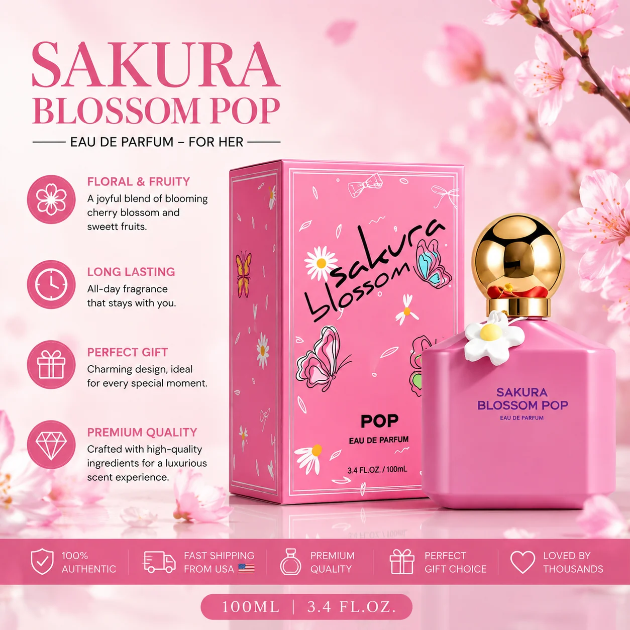 Sakura Blossom POP Eau De Parfum 100ml - Fragancia Floral Dulce de Larga Duración Para Mujeres - Perfume en Linda Botella Rosa, Regalo Para Chicas