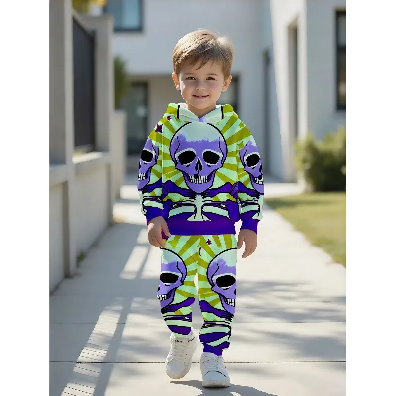 Boys Hoodie Jogger Set: Ray Skull Skeleton Print, Colorful Zombie Skeleton, Cute Black Cat Pumpkin Graphic Kids Tracksuit