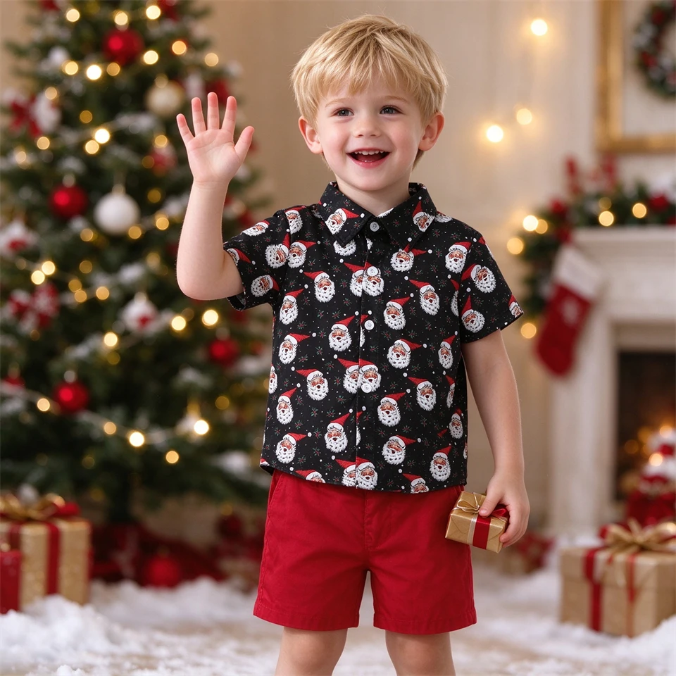 2-PieceToddler Little Boys Christmas Outfit Short Sleeve Santa Claus Button Down Collared Shirt with Shorts Xmas Kids Clothes