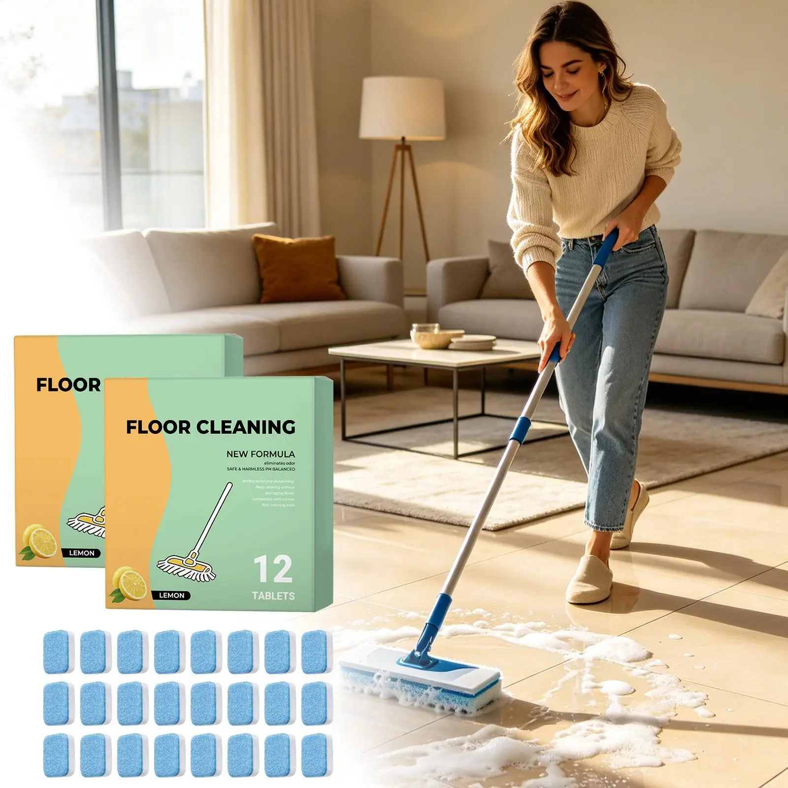

24pcs Floor Cleaning Solution Tablets Dissolvable Mop Tablets Multi-Surface Cleaner Eco Friendly for Tough Stains Home Kitchen