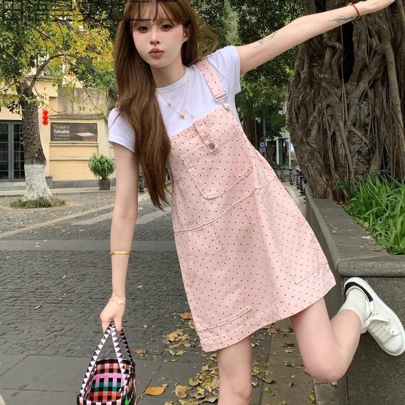 Summer Pink Polka Dot Pinafore Dress Preppy Style Casual Cute Backless Mini Denim Dresses Pure Cotton Girls A-line Skirts