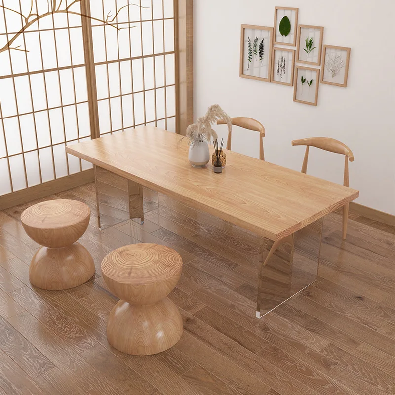 Acrylic solid wood dining table restaurant hotel rectangular transparent table foot living room wooden pier table