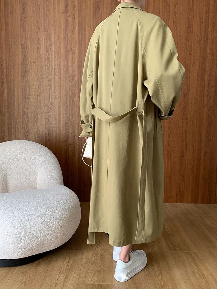 [EAM] Women Beige Belted Big Size Long Elegant Trench New Lapel Long Sleeve Windbreaker Fashion Tide Spring Autumn 2024 1DH6599