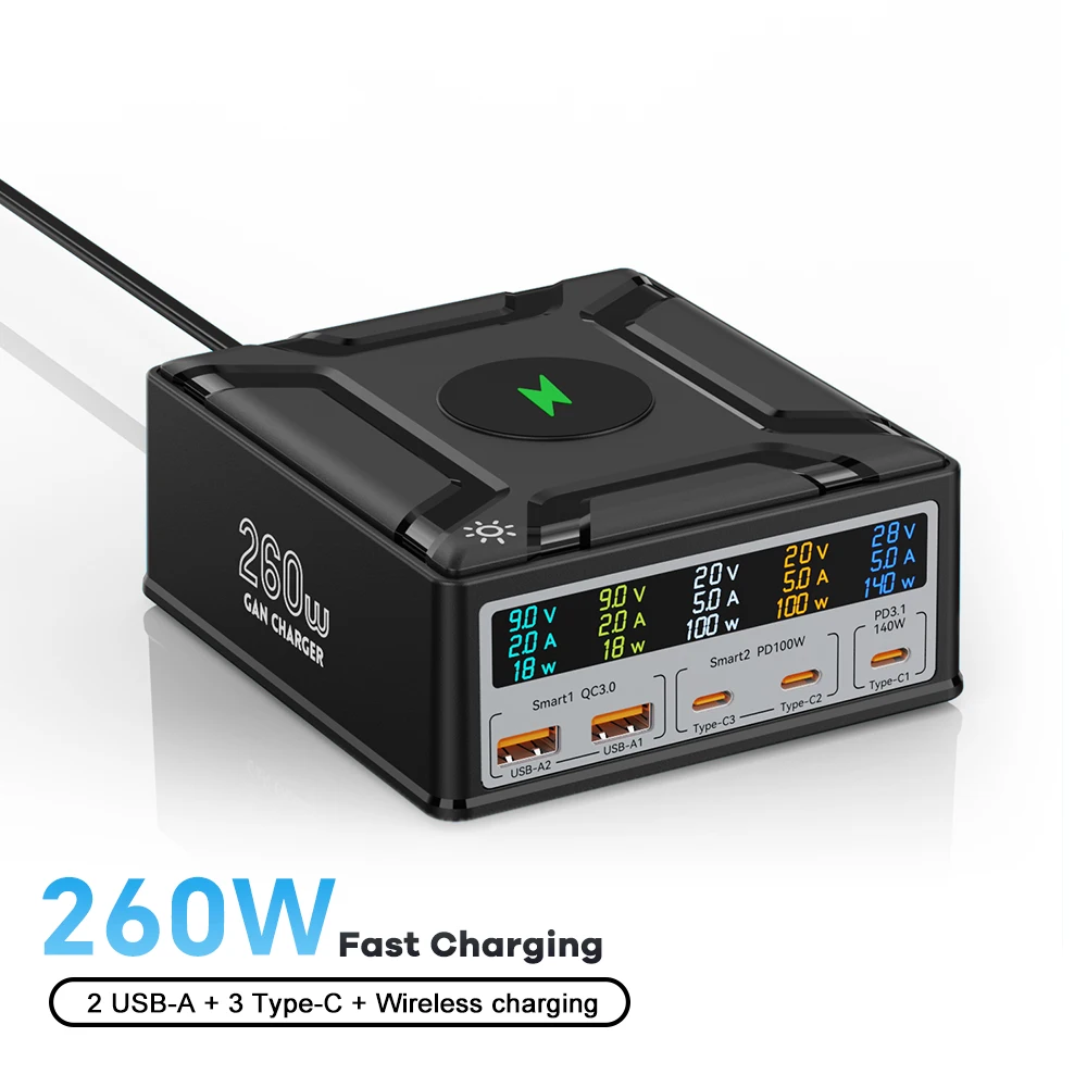 260 W USB C GaN-oplader, draadloze desktopoplader PD3.1 140 W 100 W snellaadstation, voeding voor MacBook Pro iPhone 15 Samsung