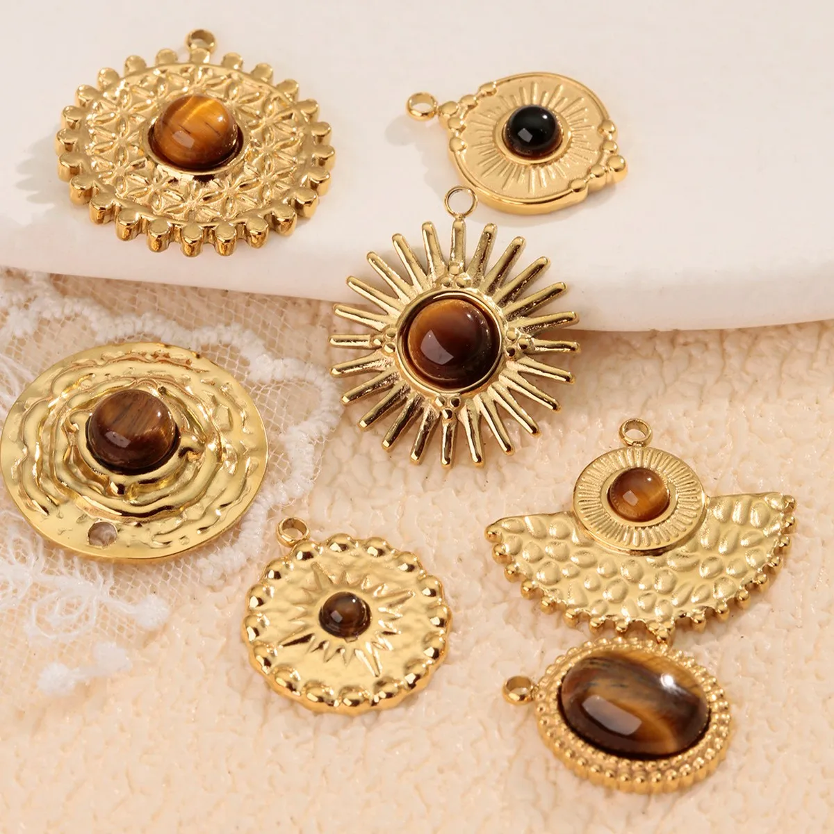 Vintage Sunburst Star Tiger Eye Stone Pendant DIY Jewelry Accessory Stainless Steel Gold Plated Necklace Charm for Women