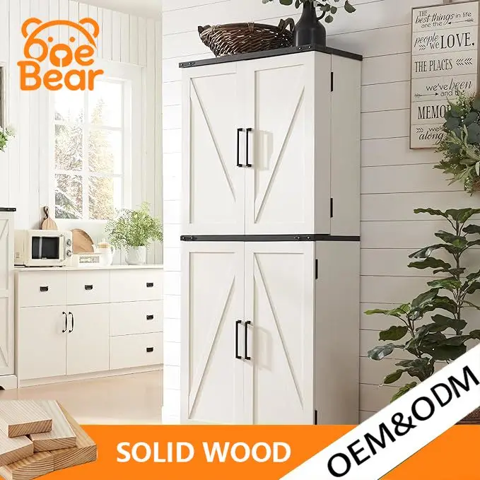 Minimalist Farmhouse Tall Storage Pantry, Double Barn Style Doors, Adjustable Shelves, Large Capacity Cupboard for Home Kitchen