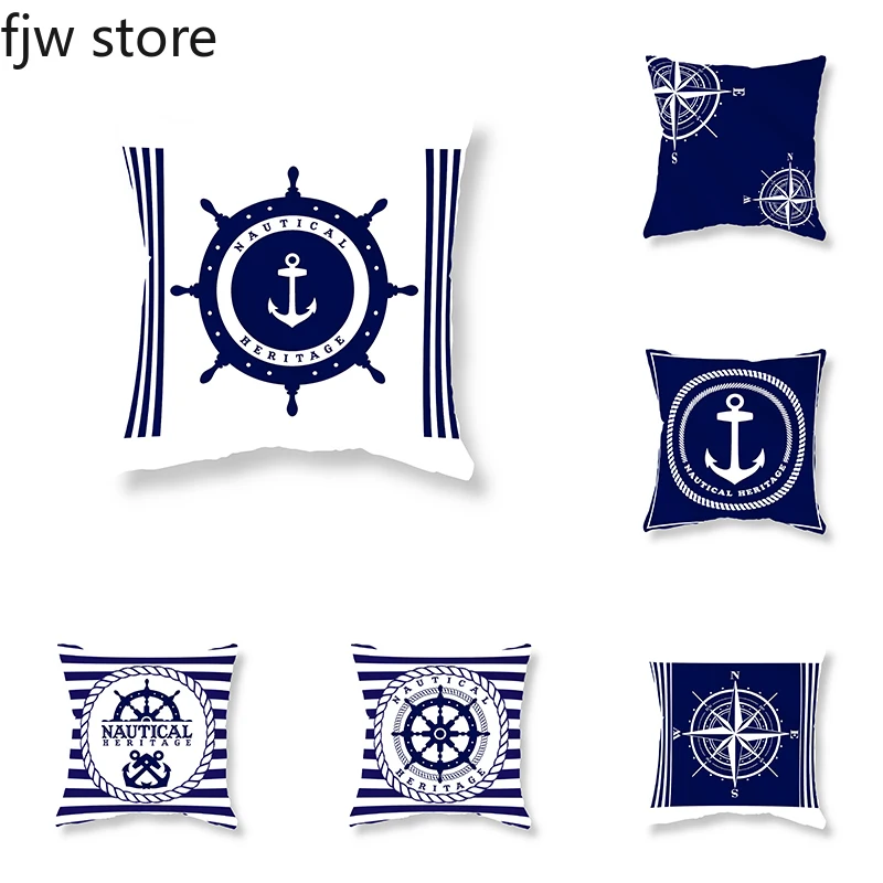 HNA Series Pillowcase Compass Anchor Rudder  Blue Mediterranean Cushion Cover Home Sofa Decoration Ornament 45x45cm