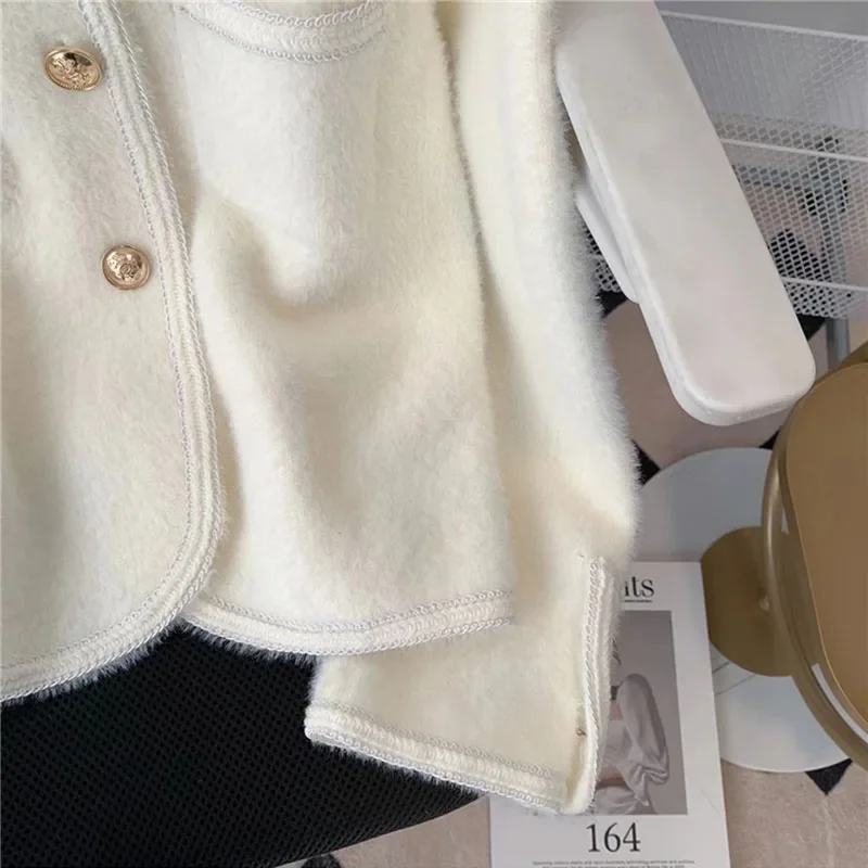 Mink Velvet Knitted Cardigan French Golden Buttons White Sweater Women Warm Soft Autumn Winter Coat Loose Elegant Tops