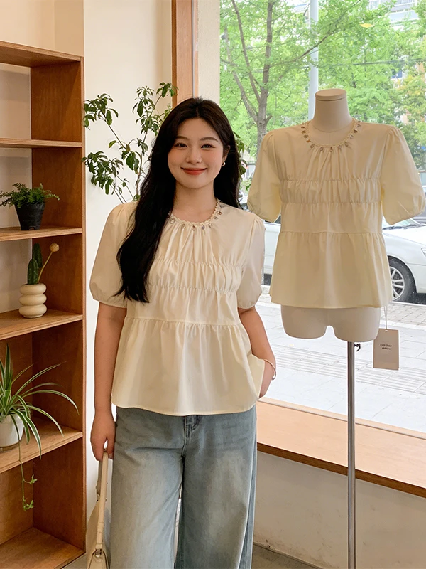 

plus Size Women's Summer Shirt round Neck Doll Design Versatile Slimming Short Sleeve Bubble Sleeve Commute Style Korean Version