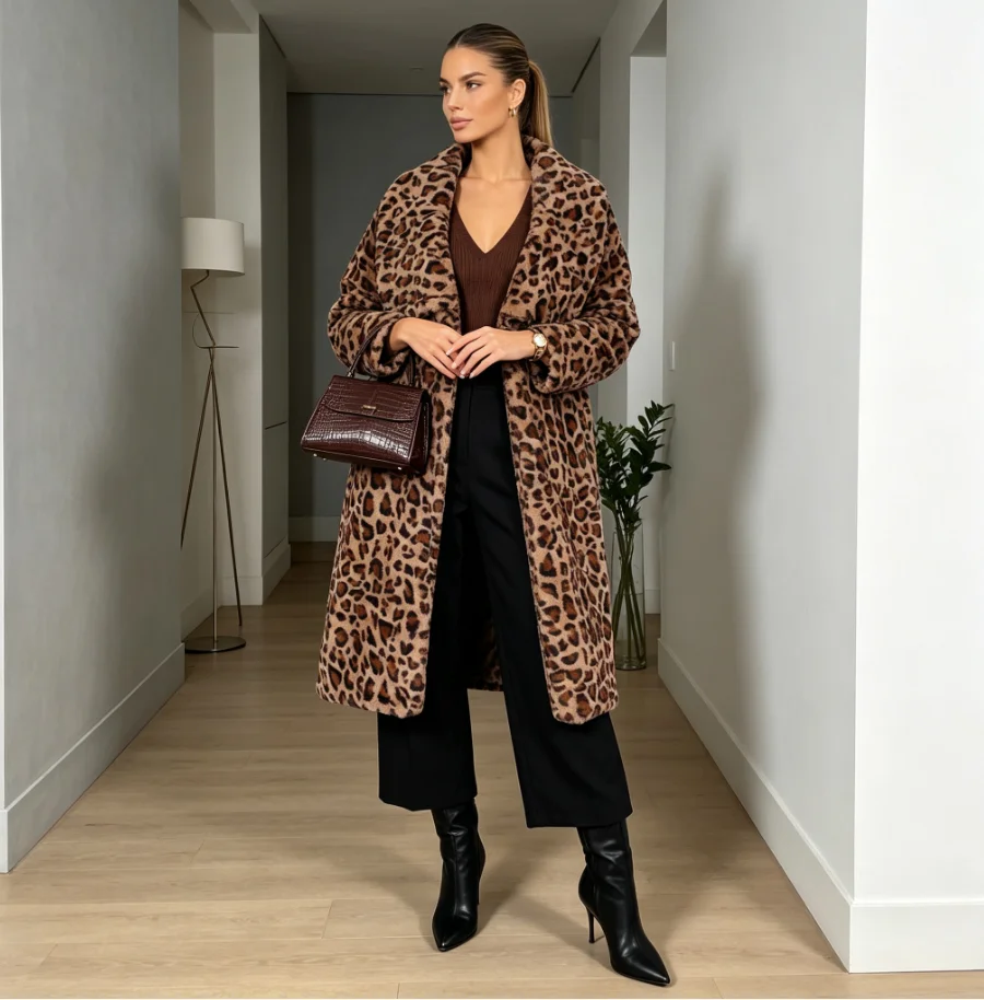 Faux Fur Coats Women Fur Jackets Open Stitch Thick Warm Fur Loose 2026 Autumn Winter Leopard Print Long Sleeves Turn Down Collar