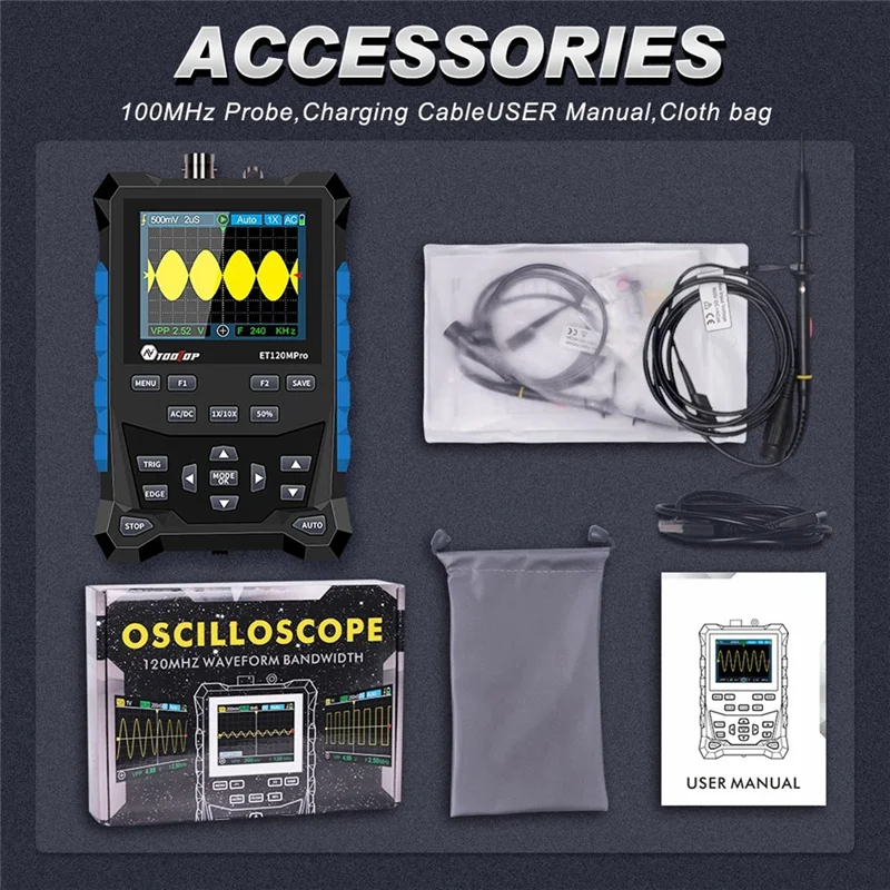 

AA50-TOOLTOP Portable Automotive Oscilloscope Car Diagnosis Tools Et120mpro Signal Source 2-In-1 500MS/S 120Mhz