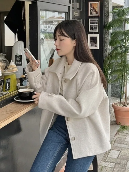 Korean Sle Winter Faion High Collar Briti Sle Loose Versatile Single Button Woolen Jaet Coat Women's Clothing
