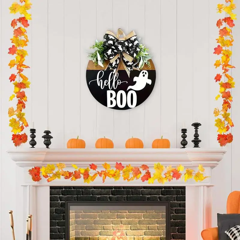 Halloween Welcome Sign Boo Ghost Hangable Sign With Bow Wood Wreaths Hangable Decoration For Front Door Porch Spooky Decor