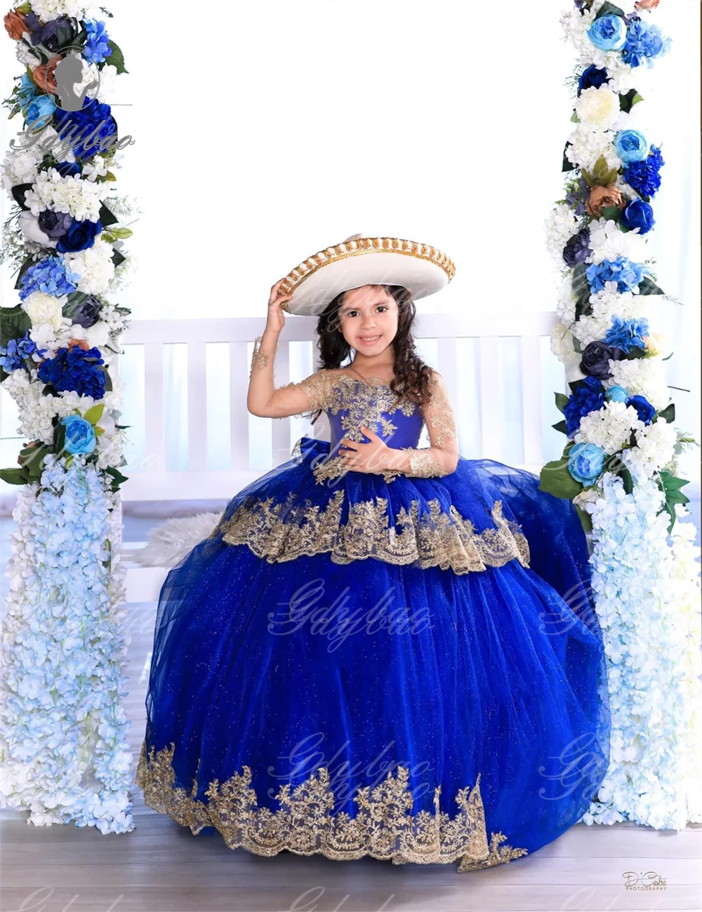 Girl Outfits Royal Blue Long Sleeves Puffy Flower Girl Dresses Gold Appliques Bow Tulle Children Princess Pageant Birthday Gown