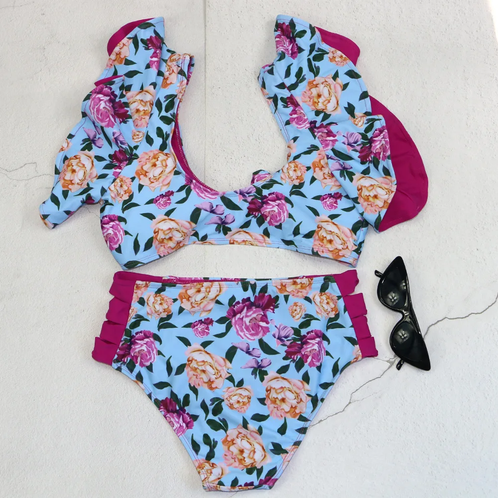 Maiô de babados de cintura alta feminino, maiô de duas peças, biquíni monokini, moda praia estampada, maiô de verão, 2021