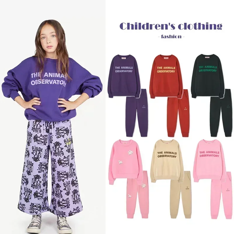 Fashion Trend Purple Girl Sweatshirt Set 2024 Autumn/winter Cartoon Letter Boy Hoodie Pullover Pants Children\'s Sweatshirt