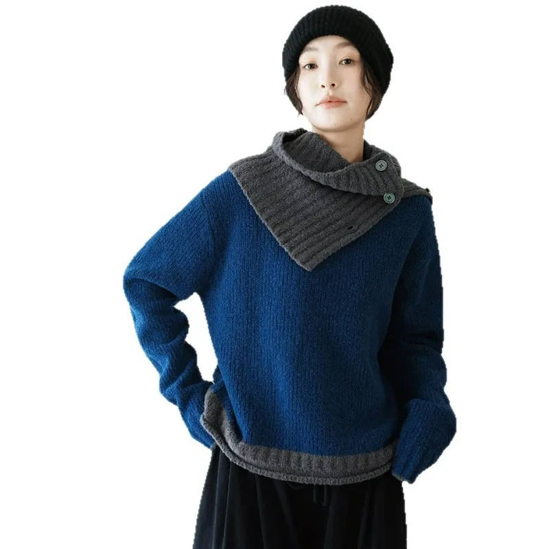 French Lazy Wind Scarf Sweater Female Pullover 2025 Autumn and Winter New Loose Round Neck Color Matching Sweater Female