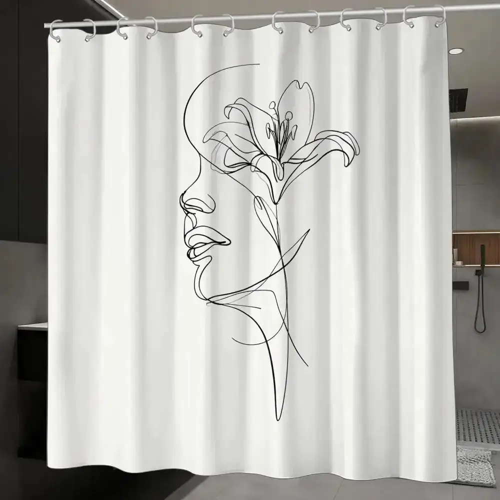 Minimalist Line Art Shower Curtain – Woman’s Profile & Lily in One Continuous Stroke, 12 Hooks,  Waterproof Modern Decor