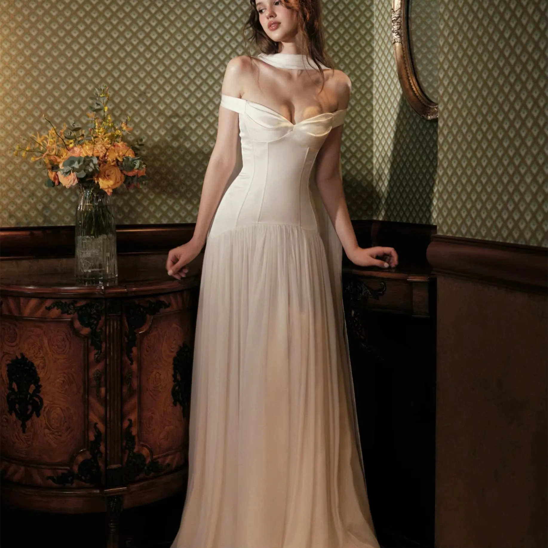 Dream A Line Wedding Dress Off Shoulder Satin Georgette Bridal Gown with Halter Cape Lace Up Back Vintage Formal Wedding Dress