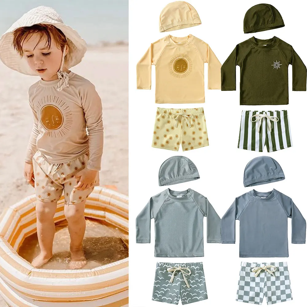 

Ins Fashion Toddler Boys Two Piece Swimsuit Rash Guard Set UV Long Sleeve Swim Shirt Trunks Cap 3pcs/set Bathing Suit 9-12M 1-7Y