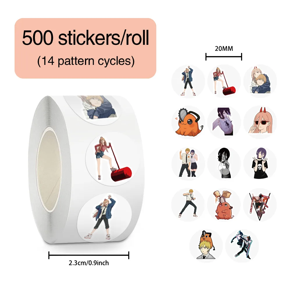 

500pcs Chainsaw Man Anime Stickers Roll Waterproof Vinyl Decals For Laptop Guitar Diary Bottle Envelope Stationery Kids Gift