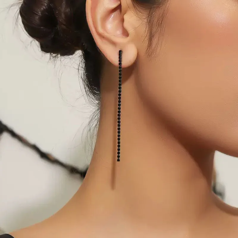 Treazy simples preto strass borla brincos longos para festa de casamento feminino balançar brinco nupcial brincos festival presente