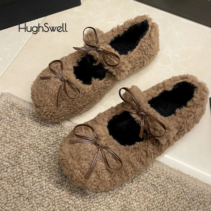 

Sweet Bowknot Lambswool Ballet Flats Woman Winter Warm Plush Loafers Ladies Brand Design Teddy Fur Round Toe Mary Jane Shoes