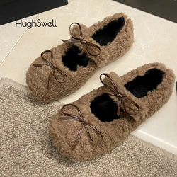 Sweet Bowknot Lambswool Ballet Flats Woman Winter Warm Plush Loafers Ladies Brand Design Teddy Fur Round Toe Mary Jane Shoes