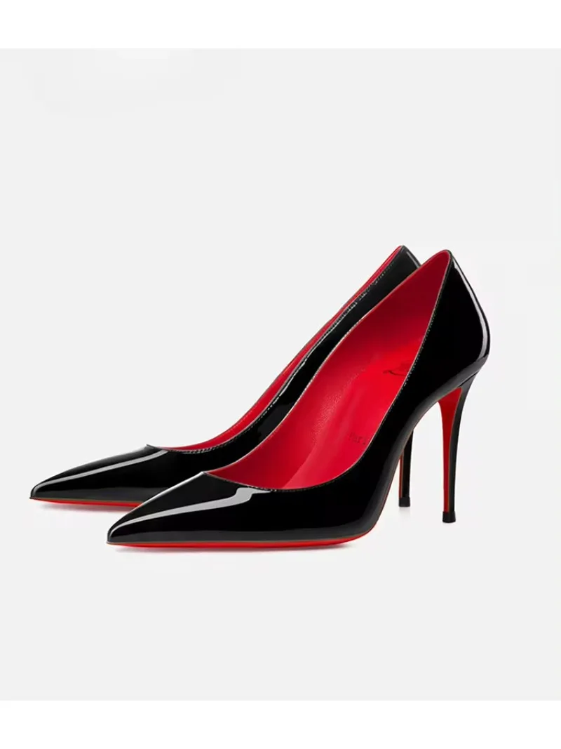 

New pointed, shallow mouth, thin heel, sexy red soled high heels, red and black patent leather professional single shoes